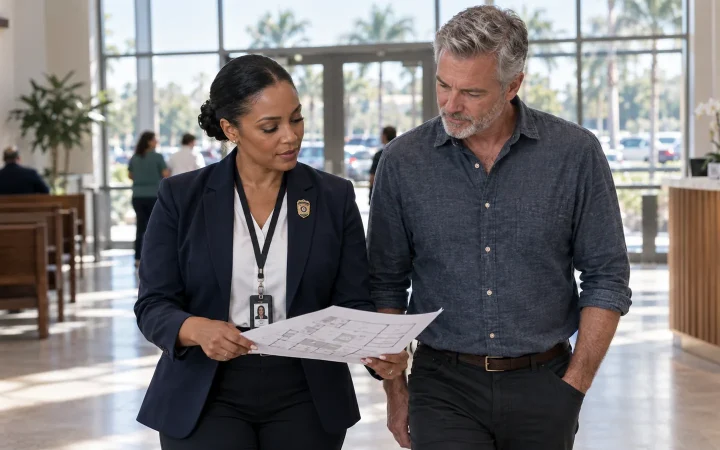 Security consultant reviewing a floor plan with a pastor in a church foyer in South Florida