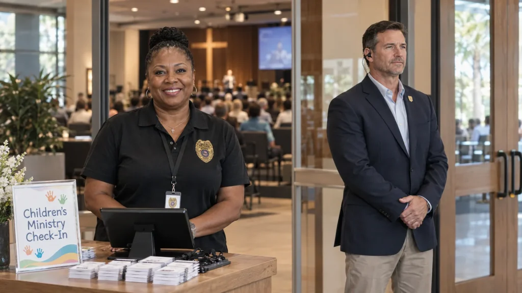 Plainclothes FSO Guard officer near the doors of a church lobby in Hollywood, FL beside the children's ministry check-in desk