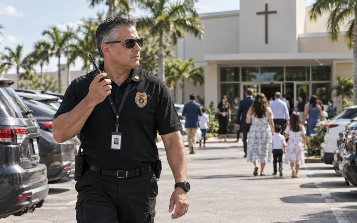 Uniformed FSO Guard officer patrolling the parking lot of a Hollywood, FL church as families arrive for Sunday service