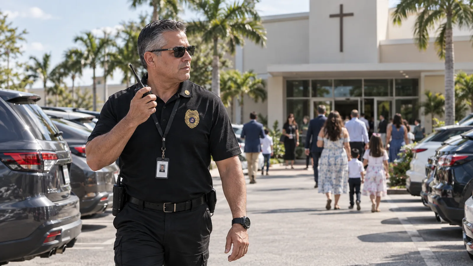 Uniformed FSO Guard officer patrolling the parking lot of a Hollywood, FL church as families arrive for Sunday service
