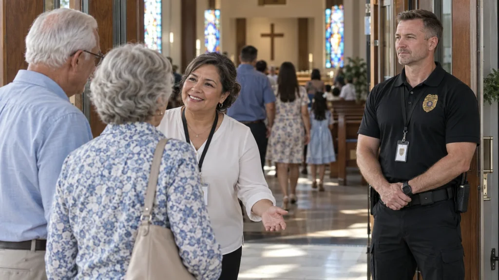 Volunteer greeter welcoming worshippers at the sanctuary doors while a security officer observes