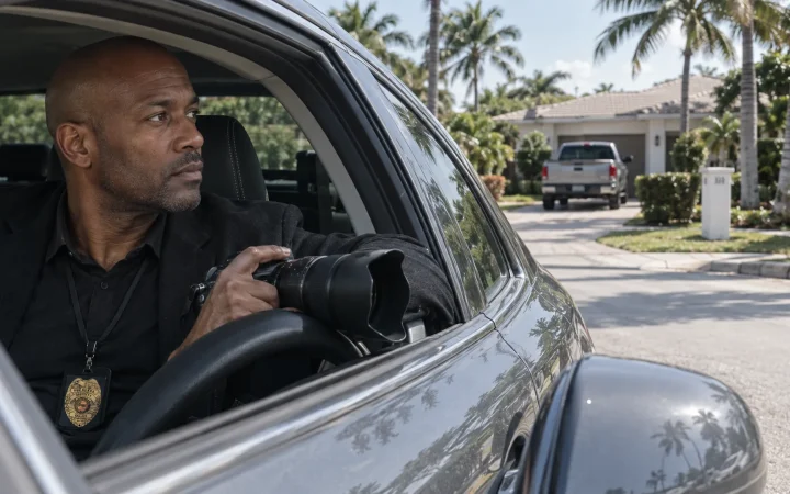 Claims investigator conducting activity surveillance on a suburban Miami street