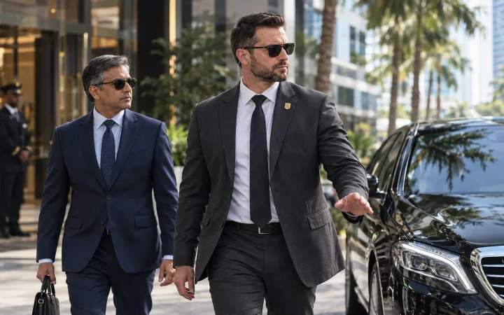FSO Guard close protection agent escorting a client from a Brickell hotel to a waiting car