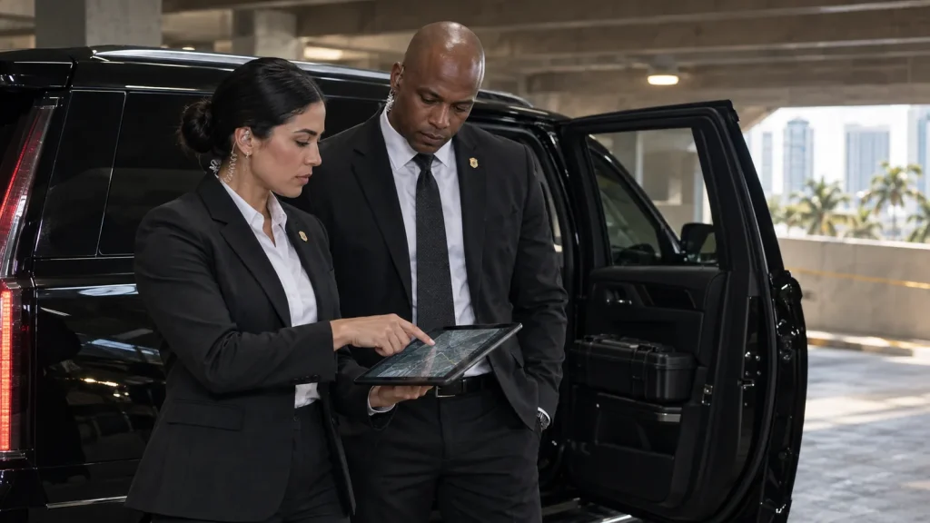 FSO Guard close protection team reviewing a route plan beside an Escalade before a client movement in Miami FSO Guard close protection team reviewing a route plan beside an Escalade before a client movement in Miami