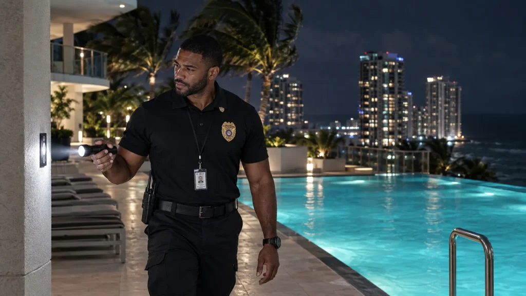 FSO Guard officer on night rounds scanning a checkpoint on the pool deck of a Sunny Isles Beach condominium