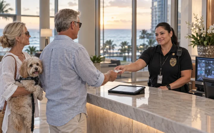 FSO Guard front desk officer checking a resident ID in the lobby of an oceanfront condominium in Sunny Isles Beach