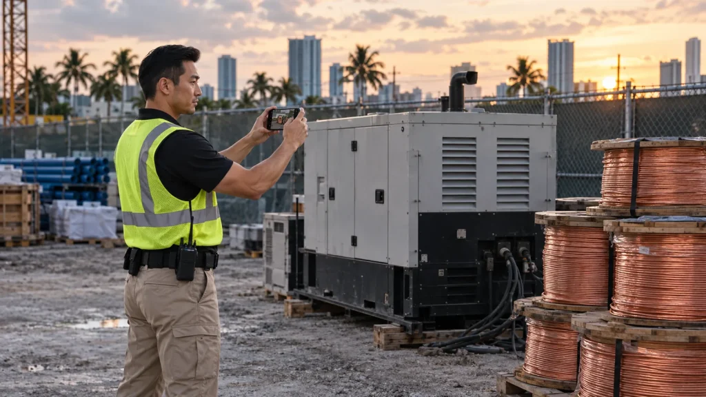 Construction site security officer logging equipment at a Miami job site
