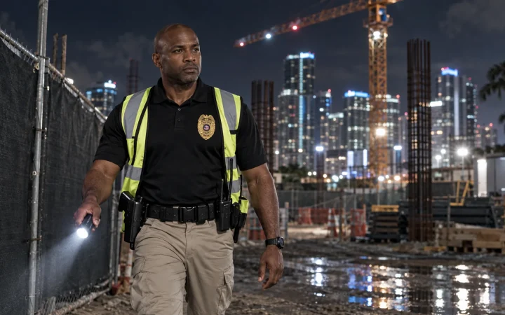 Construction site security officer on a night patrol in Miami
