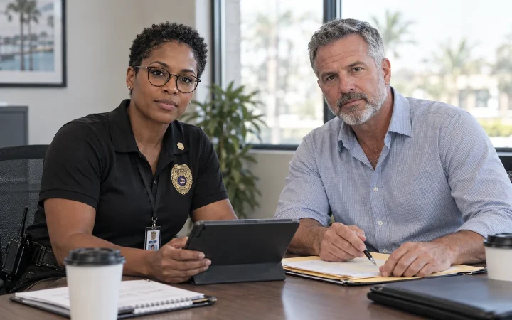 Security supervisor reviewing a monthly report with a property manager