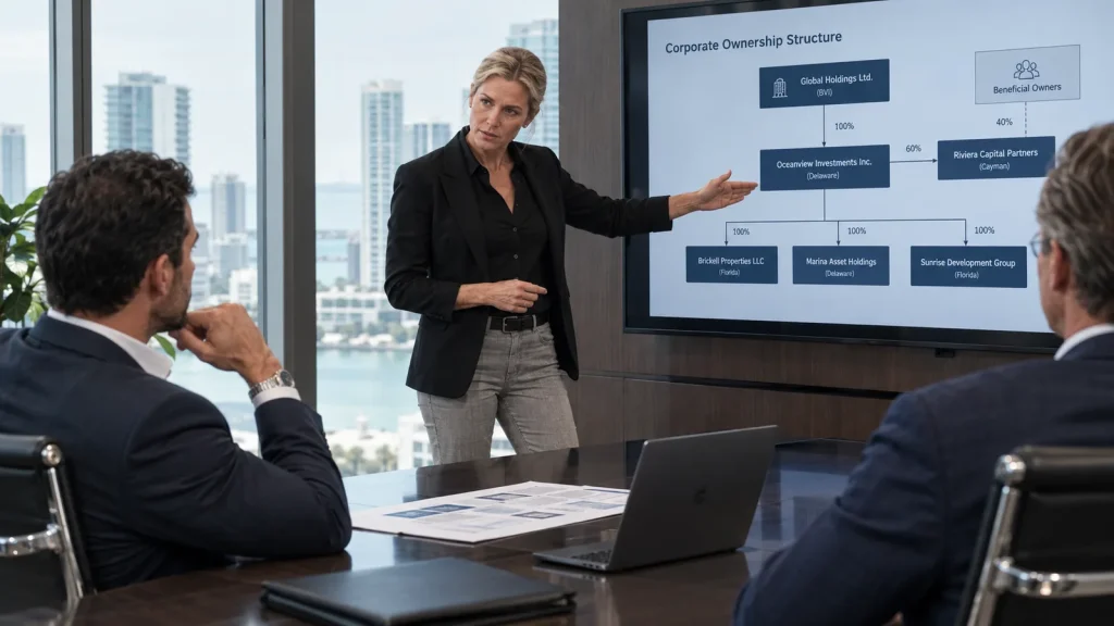 Investigator briefing executives on a due diligence report in a Brickell boardroom