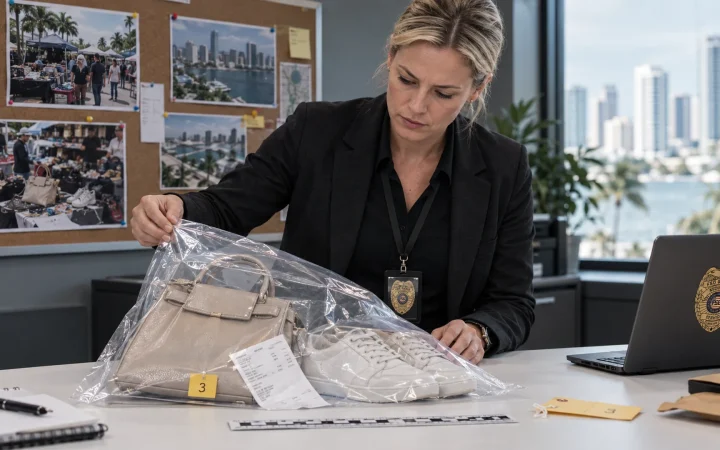 Investigator documenting a test purchase of suspected counterfeit goods in Miami