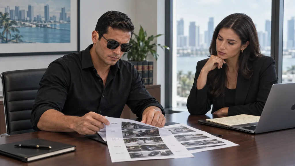 Investigator reviewing a documented timeline with a family law attorney in Miami