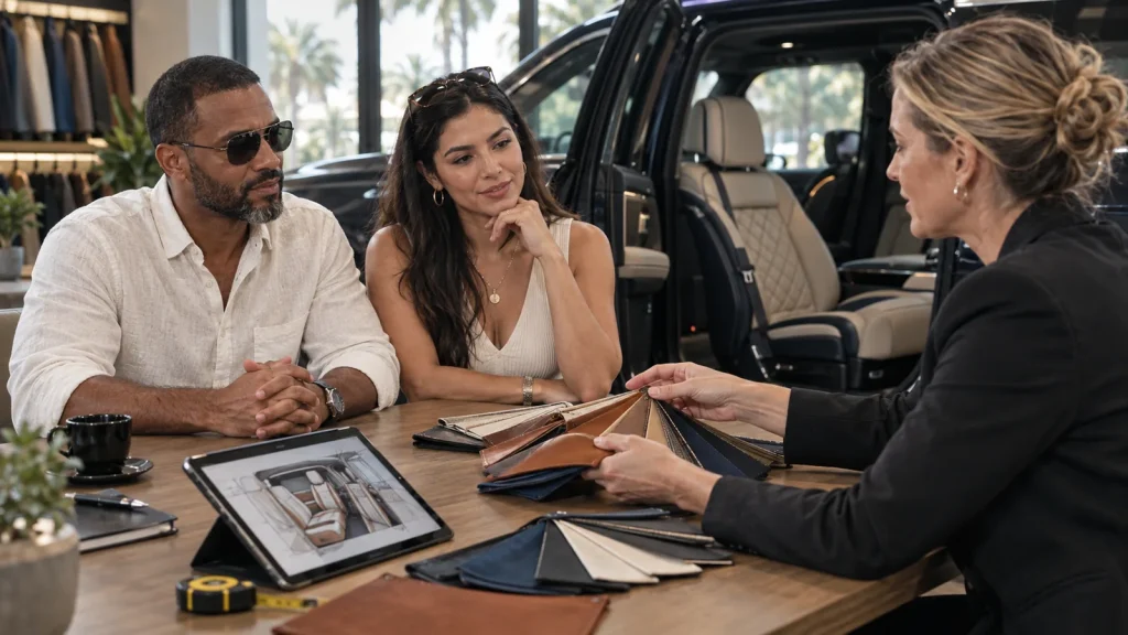 Clients choosing leather and Alcantara swatches with a Motenza Couture consultant in the Hollywood, Florida atelier, a re-trimmed luxury SUV interior behind them