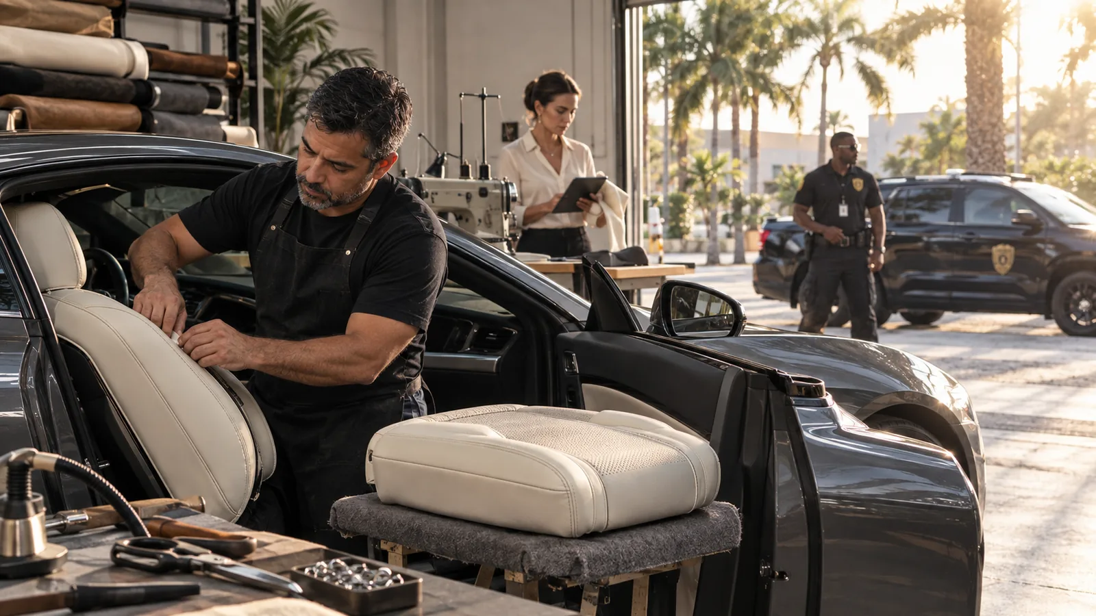 Motenza Couture trimmer fitting ivory Italian leather onto a luxury car seat in the Hollywood, Florida atelier while an FSO Guard patrol SUV waits outside