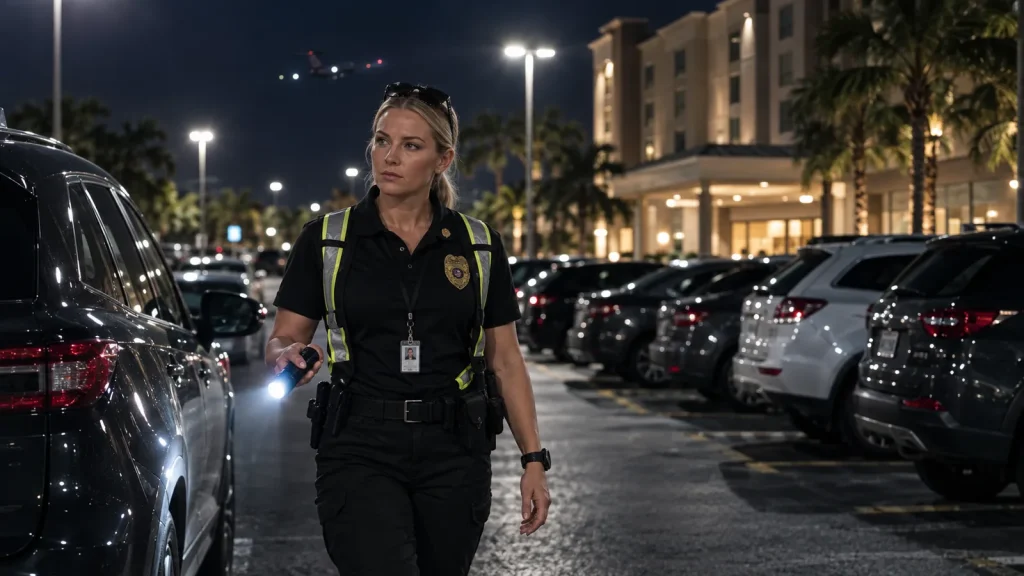 FSO Guard officer on night patrol of an airport-area hotel parking lot in Dania Beach FSO Guard officer on night patrol of an airport-area hotel parking lot in Dania Beach