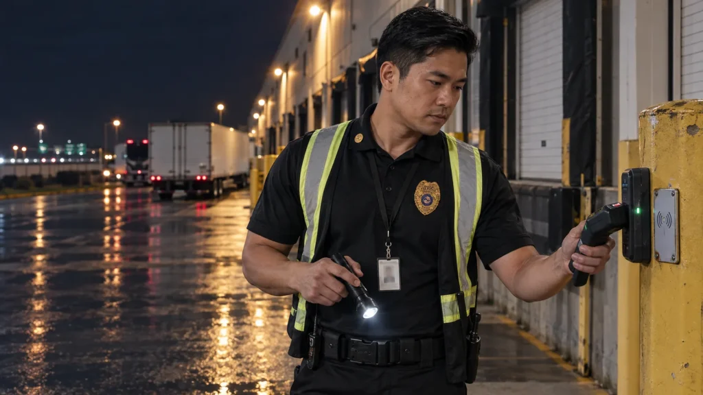 FSO Guard officer scanning a checkpoint during a night patrol of a warehouse loading dock in Davie, FL