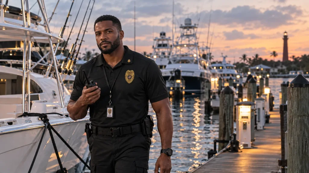 FSO Guard officer on an evening dock patrol at a marina near the Hillsboro Inlet in Deerfield Beach