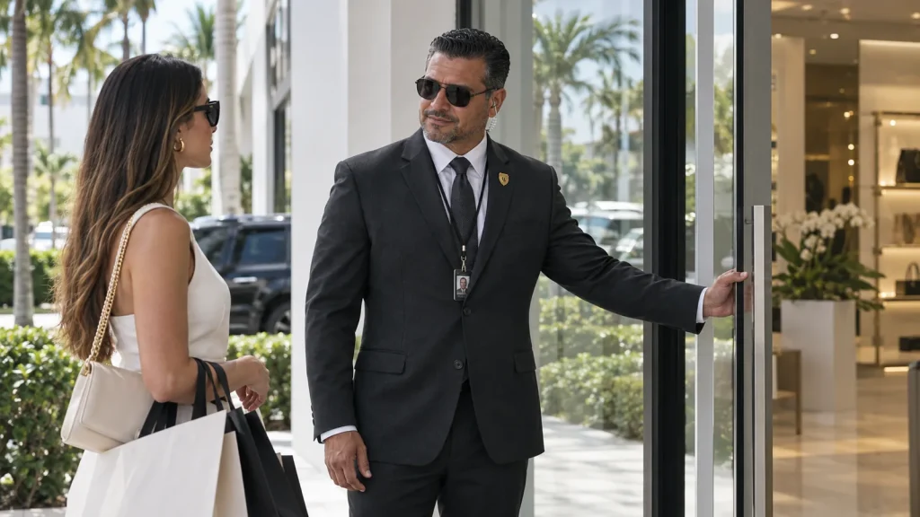 FSO Guard retail security officer at the entrance of a luxury boutique in the Miami Design District