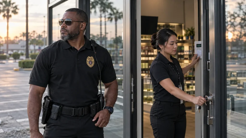 Security officer covering the parking lot while a dispensary manager opens the store at dawn