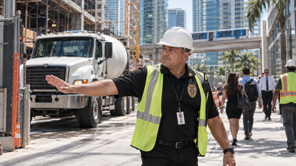 FSO Guard officer controlling a delivery gate at a Downtown Miami high-rise construction site