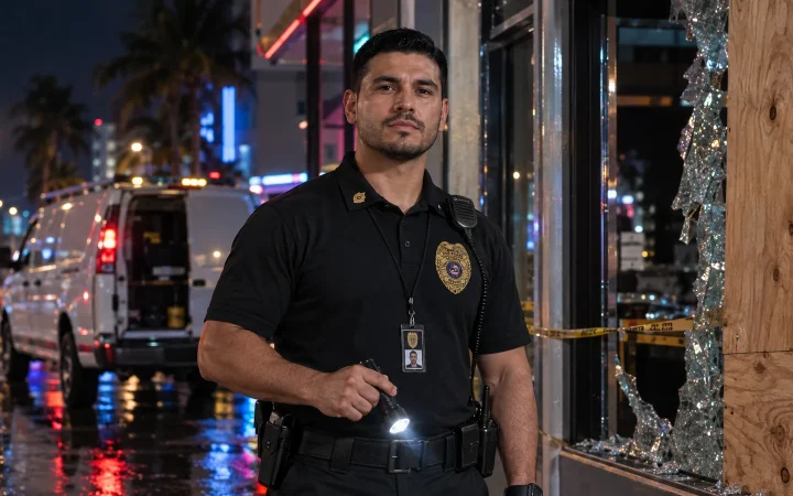 Same-day security guard posted at a broken storefront window in Miami at night