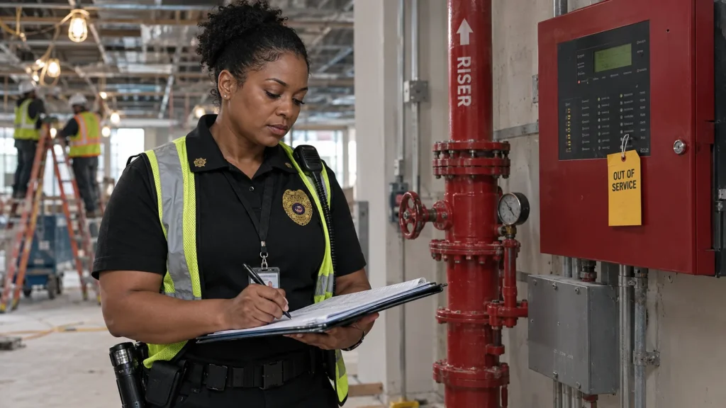 Fire watch officer logging hourly rounds beside an out-of-service sprinkler riser