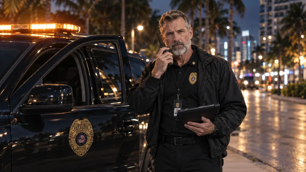 Security supervisor dispatching an emergency call-out from a patrol vehicle at night in Miami