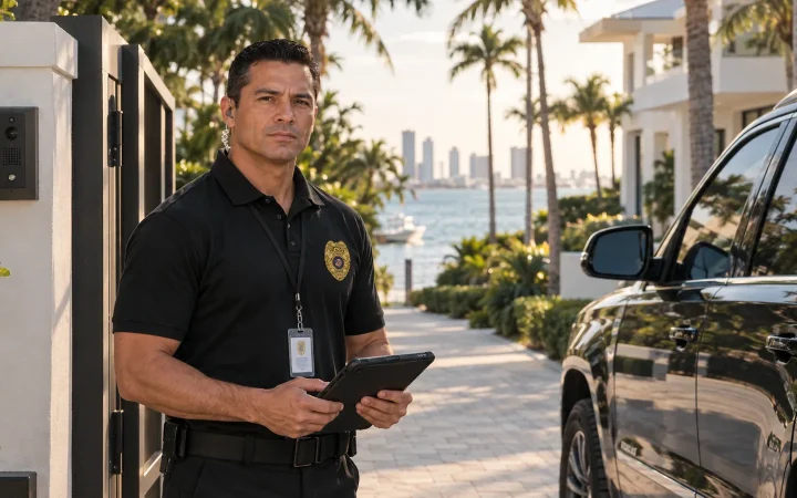 Security officer at the gate post of a private waterfront estate in Miami