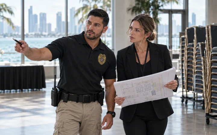 Security supervisor and event planner walking a Miami venue