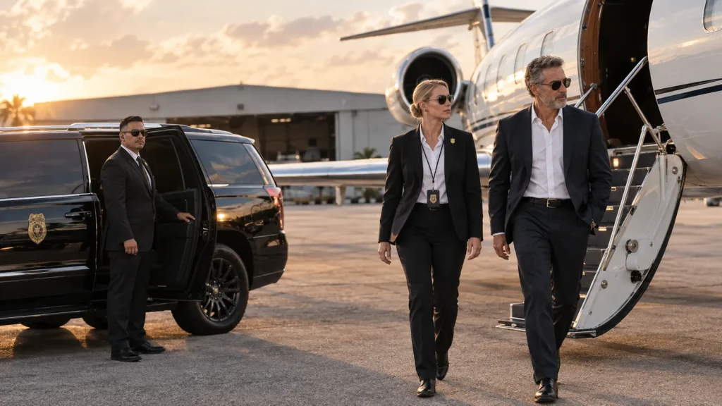 Conductor de seguridad y agente de protección de FSO Guard recibiendo al protegido en la escalera del avión en la pista de aviación privada de Opa-locka, cerca de Miami