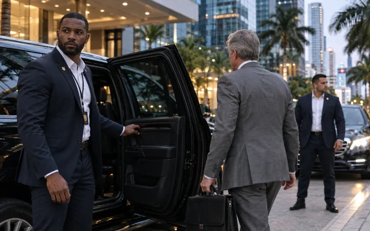 FSO Guard executive protection agent holding the door of a black SUV for a chief executive at a Brickell hotel entrance with a follow car behind