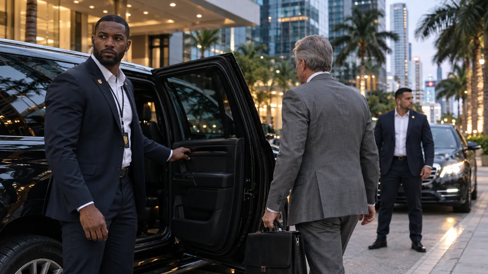 FSO Guard executive protection agent holding the door of a black SUV for a chief executive at a Brickell hotel entrance with a follow car behind