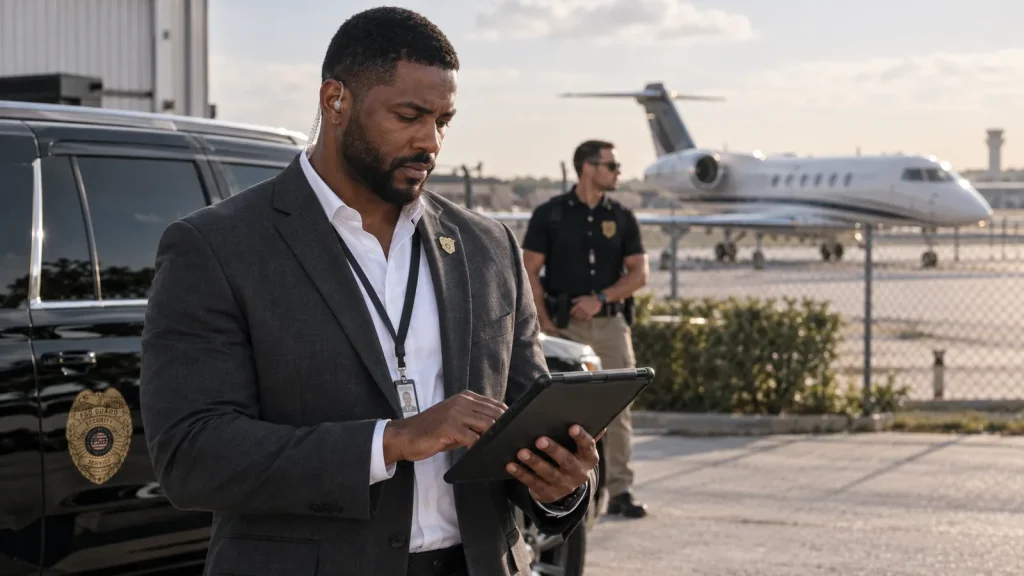 Advance agent planning a route on a tablet outside a private aviation terminal in Orlando Advance agent planning a route on a tablet outside a private aviation terminal in Orlando