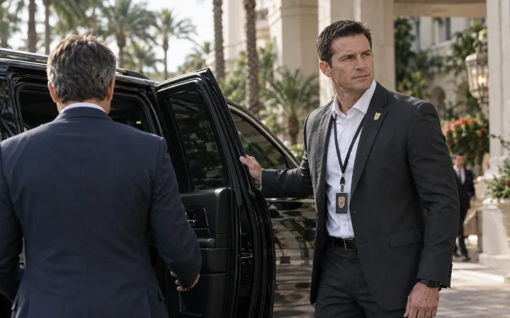 Executive protection agent opening a black SUV door for a principal at an Orlando resort hotel