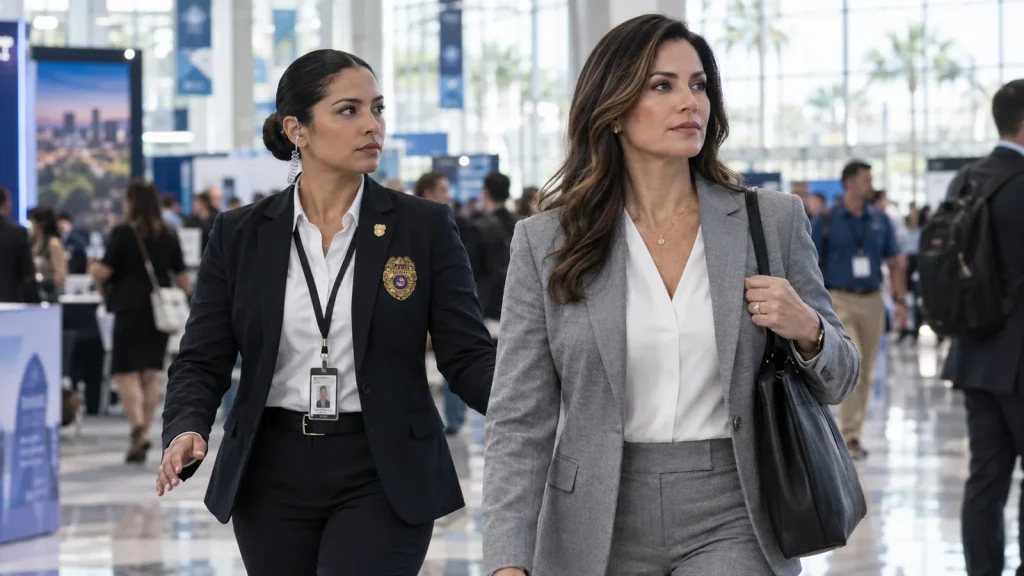 Executive protection agent escorting an executive through a convention center concourse in Orlando Executive protection agent escorting an executive through a convention center concourse in Orlando