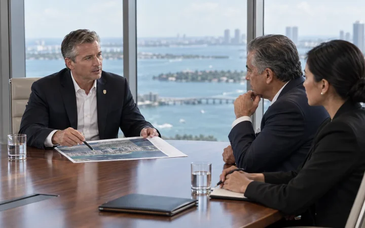 FSO Guard security director presenting a family protection plan in a Brickell family office
