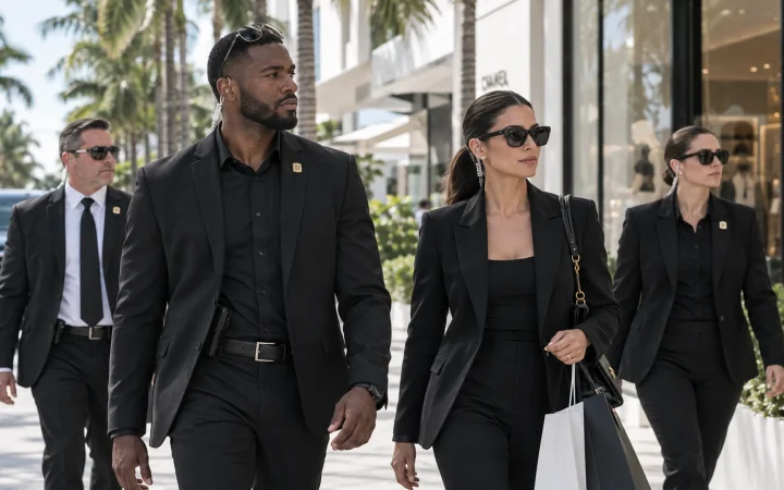 Female bodyguard accompanying a client at Bal Harbour Shops