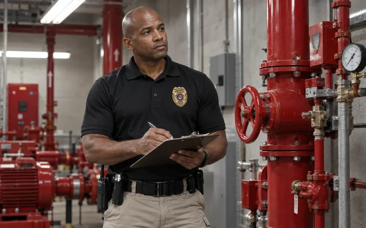 Fire watch officer logging a round at a sprinkler riser room