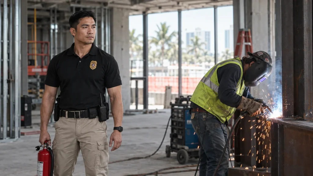 Fire watch officer with an extinguisher monitoring hot work at a Miami construction site