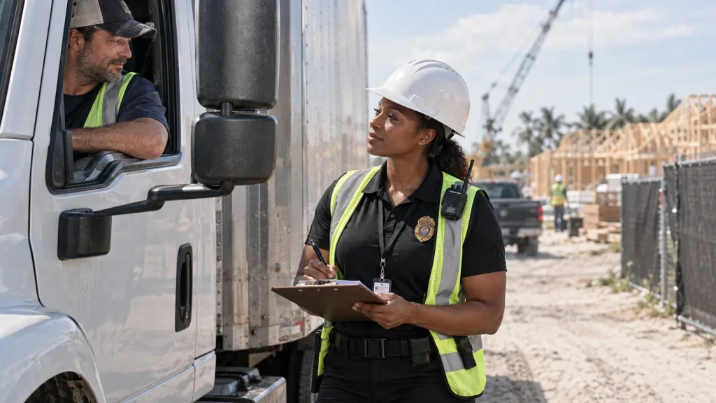 FSO Guard officer logging a delivery at a construction site gate near Fort Myers