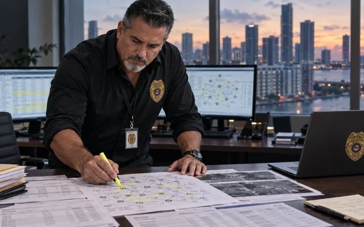 Fraud investigator analyzing financial records and transaction flows in Miami