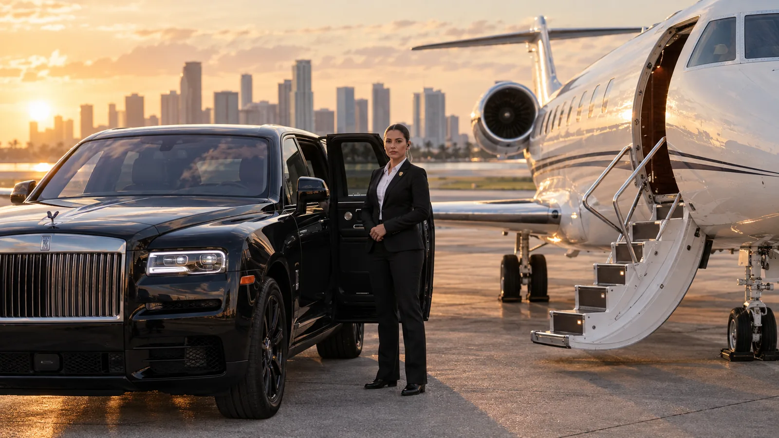 FSO Guard agent between a Rolls-Royce Cullinan and a private jet on a Miami ramp — partner services of the Pugachev group