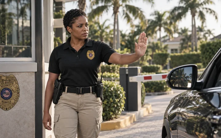 Security officer at the gatehouse of a gated community in Miami