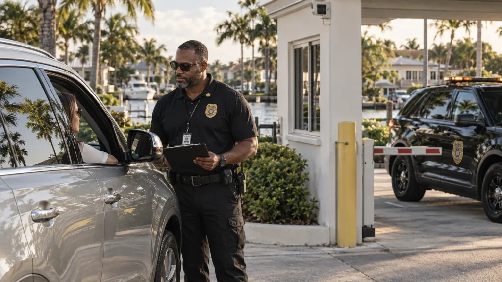FSO Guard officer at the gatehouse of a waterfront gated community in Hallandale Beach with a marked patrol vehicle
