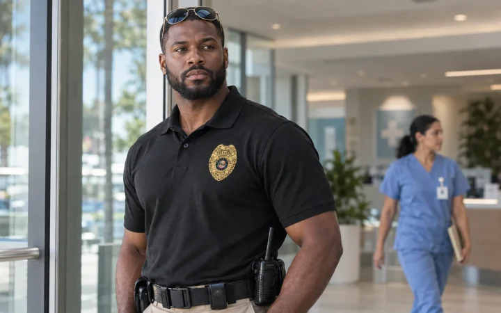 Healthcare security officer at a medical clinic entrance in Miami