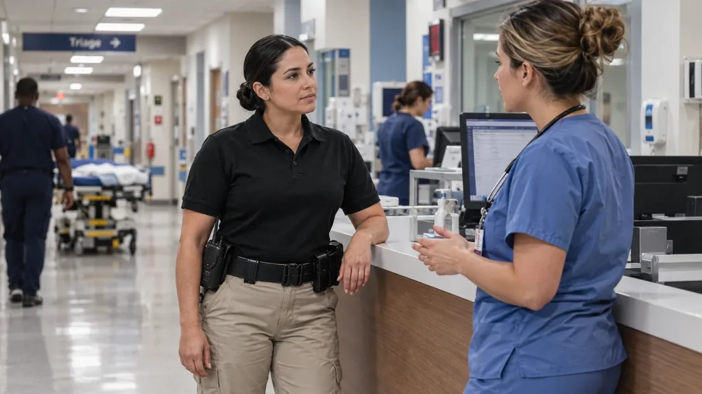 Healthcare security officer at an emergency department desk in Miami