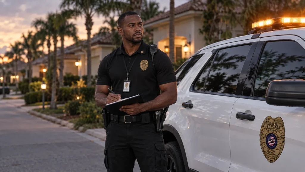Mobile patrol officer beside a marked patrol vehicle in an Orlando residential community at dusk Mobile patrol officer beside a marked patrol vehicle in an Orlando residential community at dusk