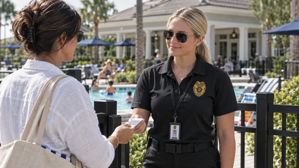 Security officer checking an access card at an HOA community pool gate in Orlando Security officer checking an access card at an HOA community pool gate in Orlando