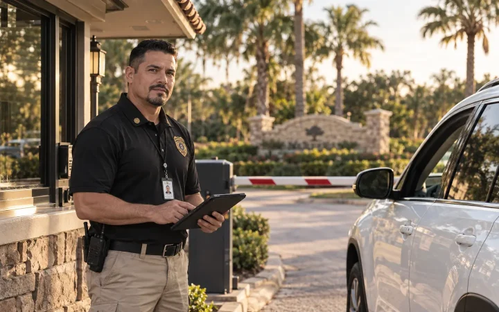 Security officer with a visitor log at the gatehouse of a gated HOA community in Orlando