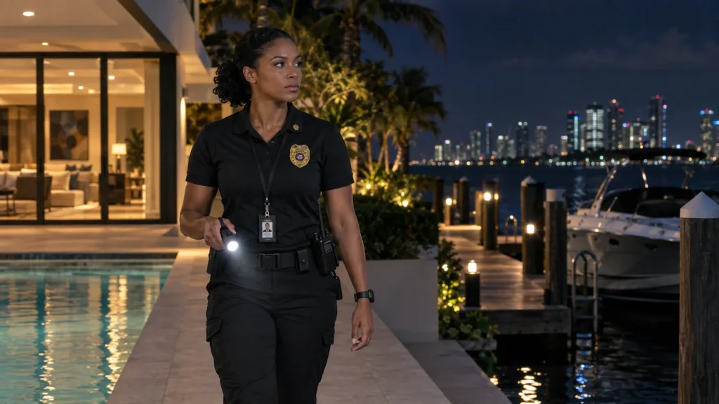FSO Guard officer on a night check of the pool deck and dock at a Miami waterfront home